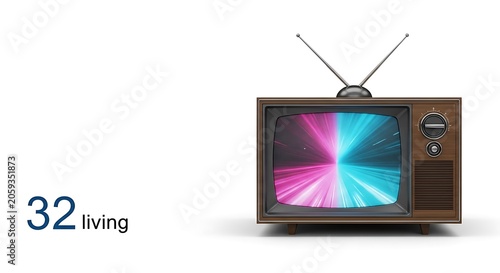Vintage TV displaying a colorful, abstract light burst, text 
