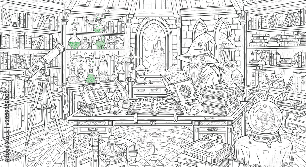 Fototapeta premium Wizard in magical laboratory library for fantasy themed adult coloring pages