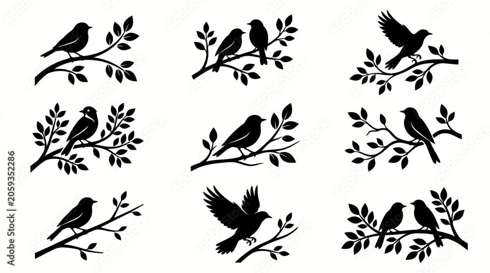 Obraz premium Vector Collection of Bird Silhouettes Perched on Tree Branches