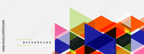 Abstract geometric shapes overlap, creating vibrant colorful background. Minimalist design with clean lines, modern aesthetic.