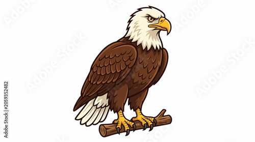 Proud bald eagle character perched on a tree branch