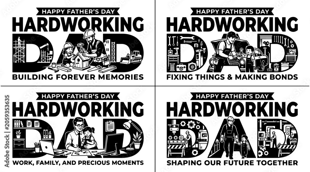 Fototapeta premium Father and child silhouette with hardworking dad typography design for family bonding and memories