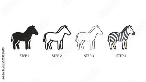 Photography Zebra drawing process in four steps with outlines and striped patterns Isolated