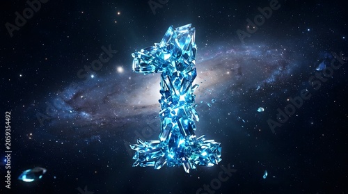 Shimmering Crystalline Number One in Cosmic Galaxy Background.