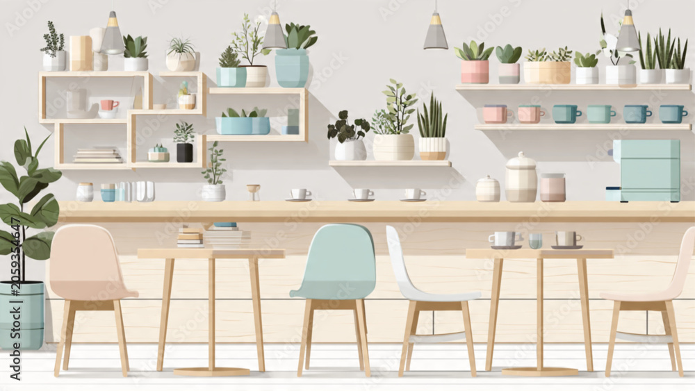 Fototapeta premium Modern interior with pastel colored chairs plants and open shelving creating a fresh cozy dining space