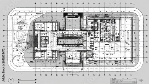 Architectural blueprint of modern building with detailed floor plans and structural elements visualization