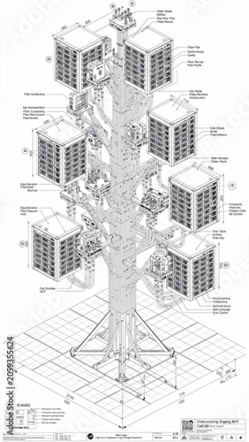 A tall communication tower with multiple high-rise buildings attached representing urban infrastructure and technological connectivity