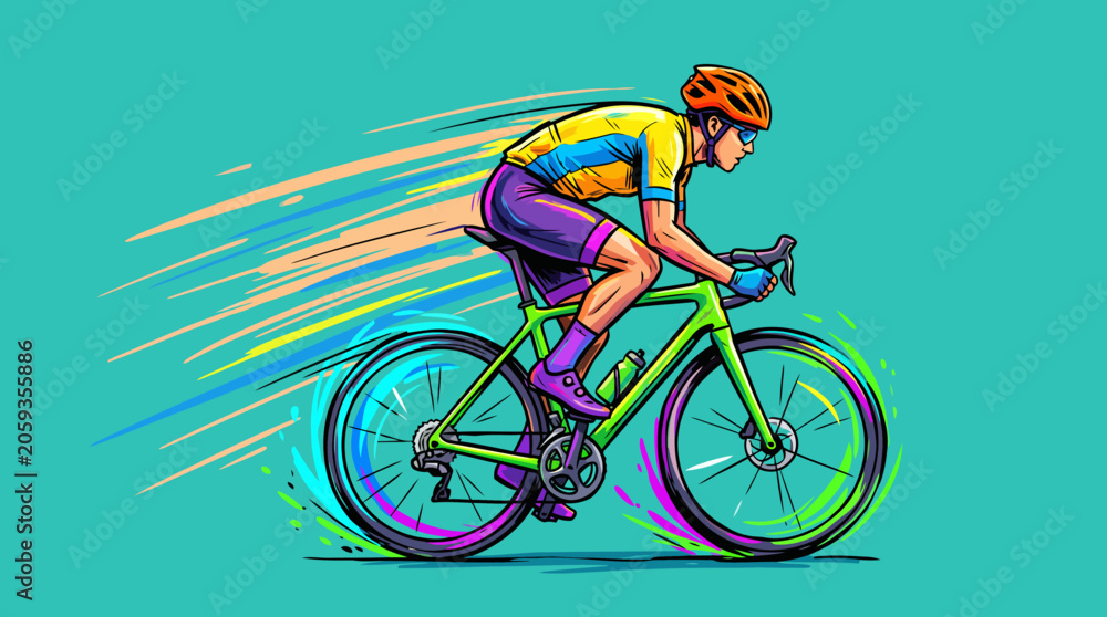 Fototapeta premium Cyclist in motion wearing colorful cycling attire and helmet.