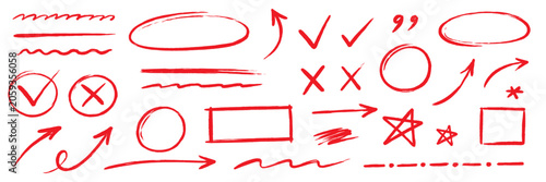 Line arrow hand drawn crayon set. Hand drawn line arrow crayon chalk paint red brush texture underline. Check doodle star curve squiggle zigzag graffiti blackboard background. Vector illustration