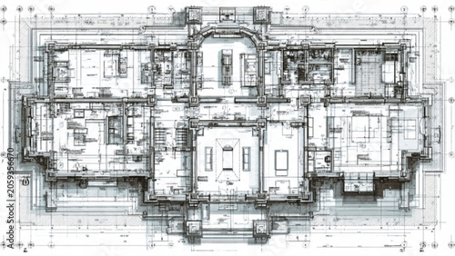 Detailed architectural blueprint with detailed floor plan and technical drawing in monochrome style