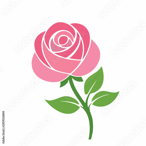 Stylized Pink Rose with Green Leaves