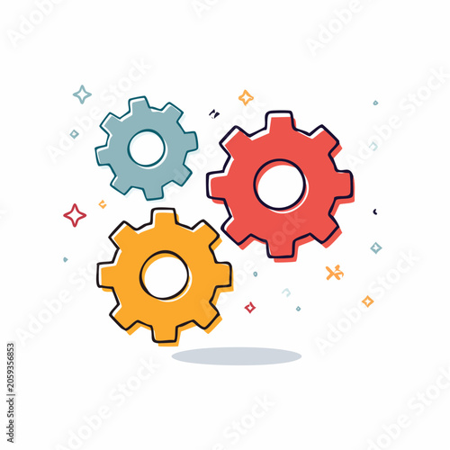 Three colorful gears meshing together with sparkles