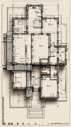 Detailed architectural floor plan featuring various rooms and structural layout in black and white