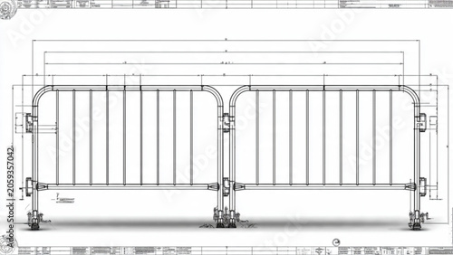 Blue metal barriers with curved top and vertical bars for crowd control and public safety in urban environments