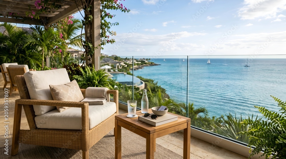 Obraz premium Luxury outdoor patio with stunning ocean view and comfortable seating.