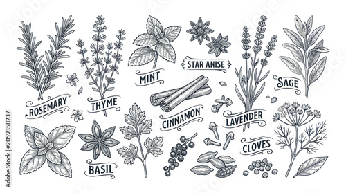 Cuadro en lienzo Vintage botanical collection of culinary herbs and aromatic spices