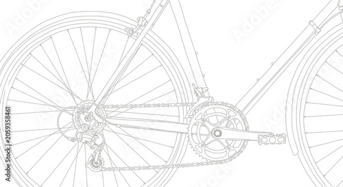 Highly detailed line art illustration of a bicycle's intricate drivetrain and rear wheel mechanism, showcasing precision mechanical engineering with a clean, minimalist aesthetic