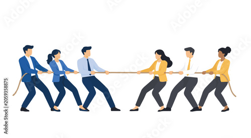 Vászonkép Minimalist vector artwork featuring several workers pulling in a tug of war, created for business and economic themes, cooperation struggles, teamwork balance, and competitive market concepts