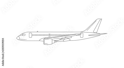 A Minimalist Line Art Side Profile Illustration of a Commercial Passenger Jet Airplane for Aviation and Travel Concept Graphics