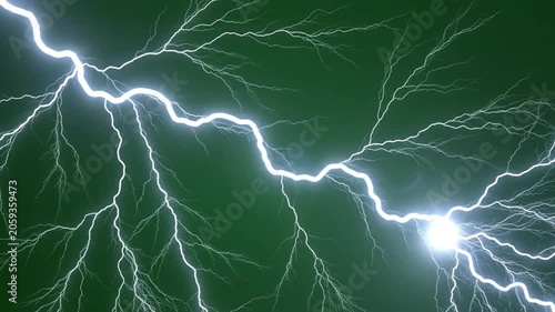 Bright white and pale blue lightning strikes on green screen with fast flashes and glowing bloom effect