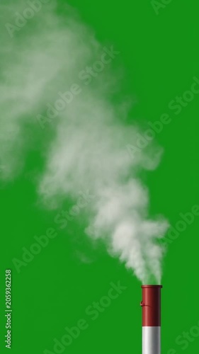 Industrial chimney emitting white steam against a vibrant green screen background, showing a clean alpha channel, symbolizing pollution, energy production