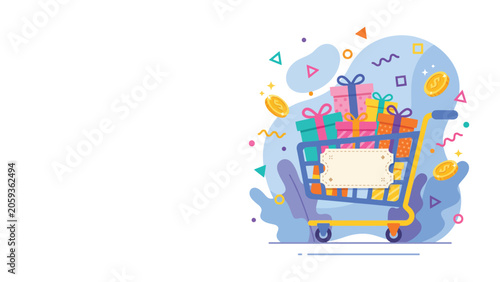 Canvastavla Colorful online shopping cart overflowing with gift boxes and discount tags