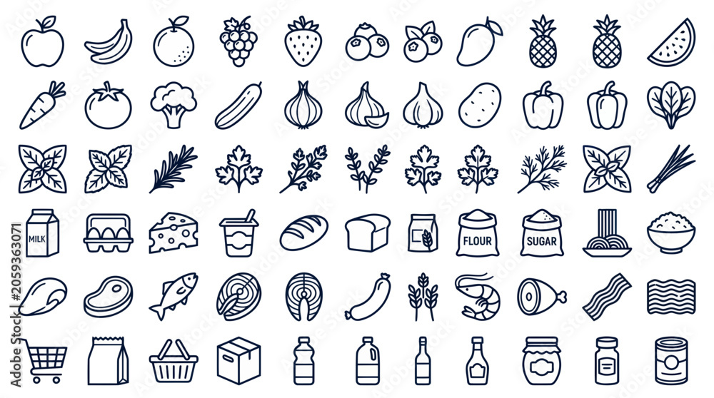 Naklejka premium Grocery and fresh food line icon set for shopping and cooking