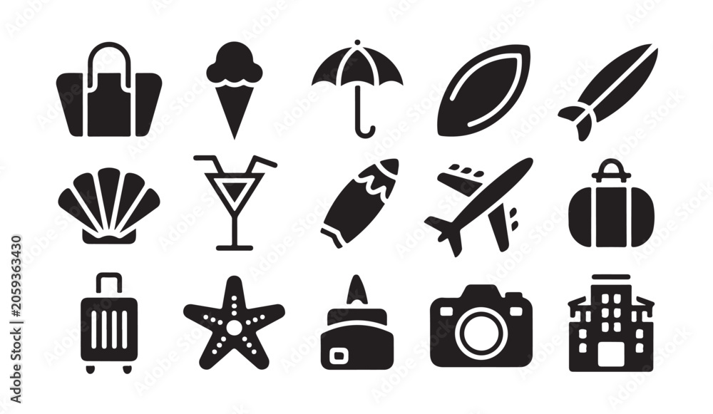 Fototapeta premium Set of beach and holiday travel icons featuring summer leisure and vacation equipment.