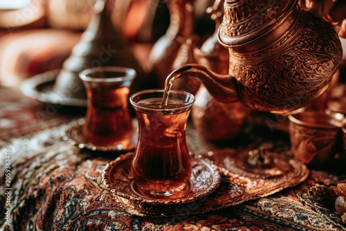 Black turkish tea pouring from an engraved copper kettle into a glass on a traditional rug for hospitality and travel marketing