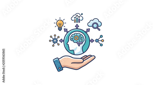 Artificial intelligence concept, human brain with gears and ideas, hand holding AI