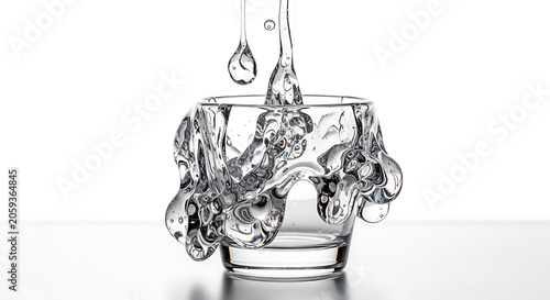 Water cascading from above into a short glass, creating an unusual solidified splash effect