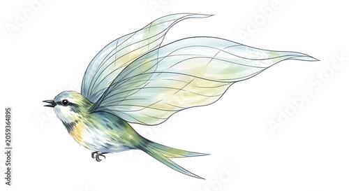 Watercolor avian illustration with ethereal, translucent wings, in flight