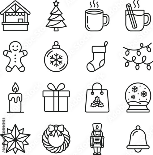 Black line Christmas icons on white background for web and design