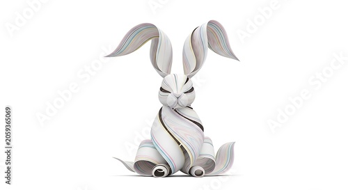 Whimsical 3D bunny sculpture composed of layered, colorful ribbons against a white backdrop