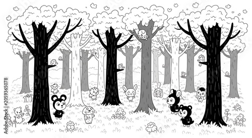 Whimsical black and white forest scene with cartoon animals and trees, full of life