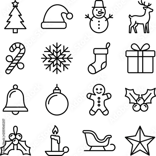 Black line Christmas icons on white background  tree hat snowman reindeer candy stocking gift bell ornament gingerbread holly candle sleigh star
