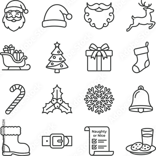 Christmas icons set with Santa Claus hat reindeer and snowflake on white background