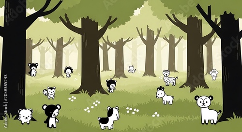Whimsical forest scene with cartoon animals and stylized trees in black, white, and green