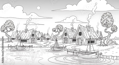 Whimsical grayscale illustration of a coastal village with boats, houses, trees, and water