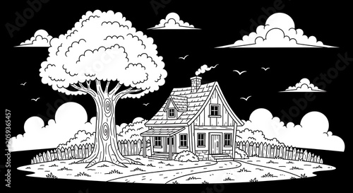 Whimsical line art of a quaint cottage scene with tree, fence, path, clouds, birds, and detailed landscape