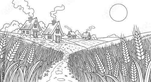 Whimsical line art of a rural landscape with wheat field, houses, and a path
