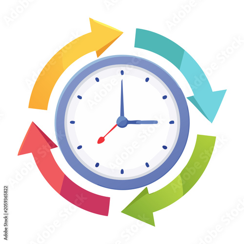 Clock with Circular Arrows in Flat Design