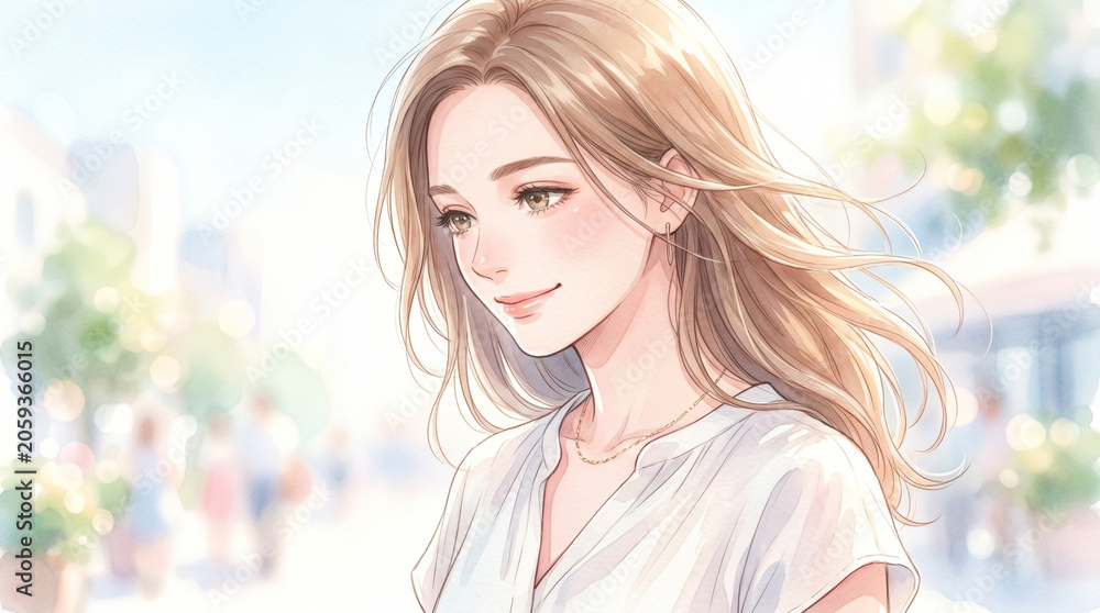 Naklejka premium 夏の柔らかな風と光に包まれたビジネスウーマンを描いた水彩風イラストです。 淡いブルーとアイボリーの色彩が清潔感を演出します。