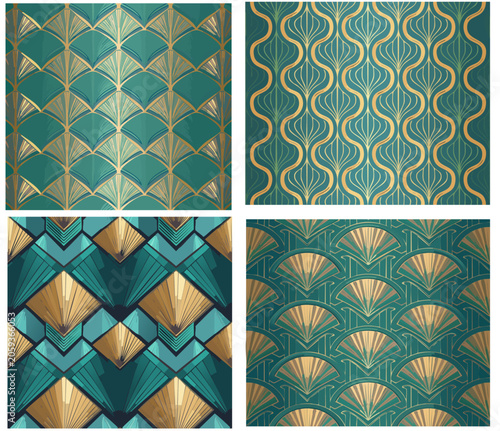 Luxury Art Deco seamless vector pattern set. Four pack of elegant geometric backgrounds with gold lines, fans, and chevrons on dark teal textures.