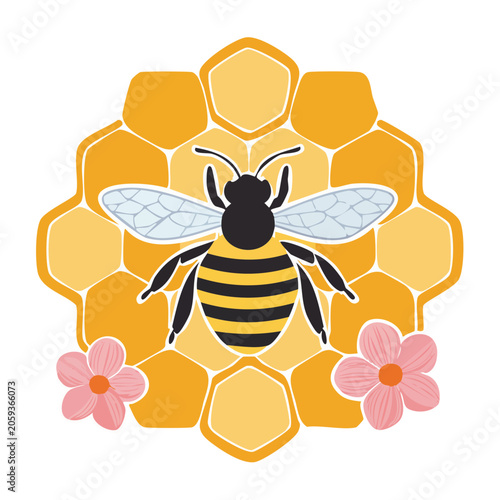 Flat design bee with honeycomb and flowers
