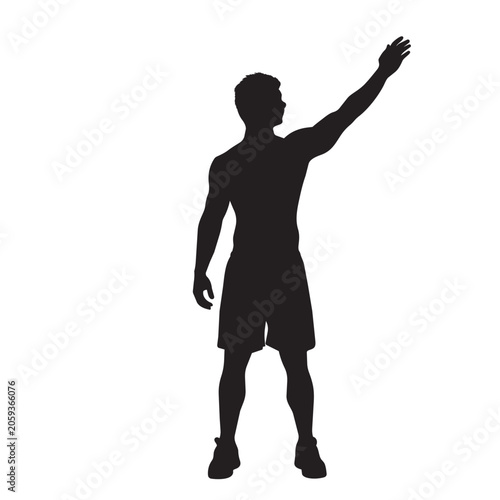 Silhouette of a shirtless athletic man standing with one arm raised in a greeting or signaling gesture.