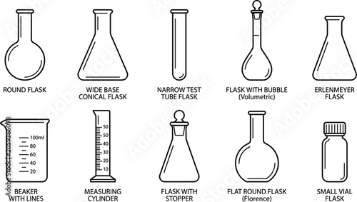 Foto Laboratory glass equipment and chemistry tools set featuring scientific research flasks and beaker shapes