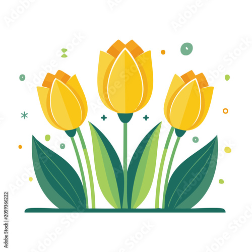 Flat Design Yellow Tulips with Green Leaves