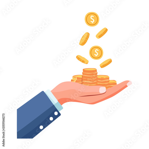 Hand holding gold coins with falling money illustration