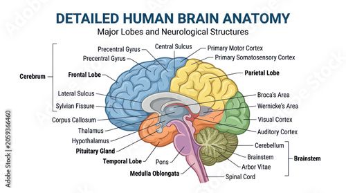 Foto Human brain anatomy diagram showing major lobes and structures